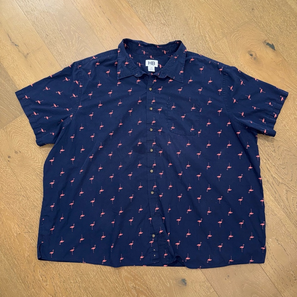 HB Mens‎ 4XL Short Sleeve Button Down Shirt Navy Blue Pink Flamingo Print